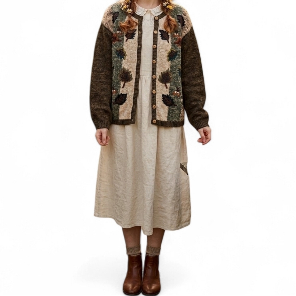 Vintage Dressbarn Fall Leaf Knit Cardigan Cottagecore Earthy L